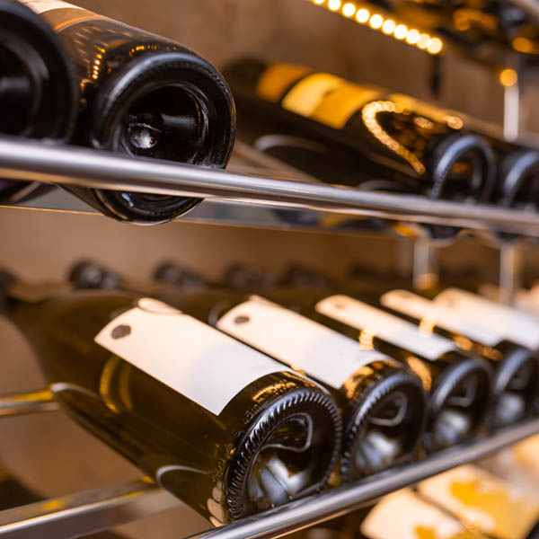 bottles of wine in wine cellar.